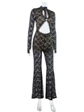 Ahagaga Sexy Club Women's Jumpsuits Lace Patchwork Regular Long Sleeves Hollow Out Skinny Streetwear Backless Turtleneck Rompers