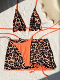 2026 Summer Leopard Print 3 Pieces Suit Swimwear Reversible Sexy Halter Lace-up Bikini Set Drawstring Skirt Cover Up Beachwear