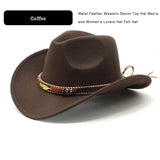 Women Men Wide Brim Floppy Cowboy Hat Western Style Wool Felt Flat Top Cap Classic Vintage Bowler Hat Party