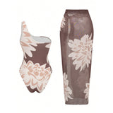 S - XL New With Skirt Printed One Shoulder Women Swimwear One Piece Swimsuit Female High Leg Cut Bather Bathing Suit Swim V8017