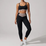 Summer Color-block Yoga Sets Women Thin Strap Open Back Shockproof Sports Bra Tight High Waist Leggings Training Fitness Suits