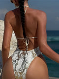 2025 Snake Skin Deep V Neck Backless One Piece Swimsuit Women Swimwear Female Halter High Leg Cut Bather Bathing Suit Swim K7412