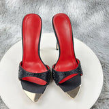 Diamond Black print high heeled slippers for women with thin heels, pointed toes exposed toes soles high heels 12cm sexy sandals