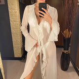 Women's V Neck Ruffled Long Sleeve Dress Chiffon Tunic Beach Cover Up Cover-ups Beach Dress Sunscreen Beachwear Vacation V5976B