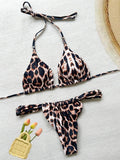 PU Pleated Ruched Bikinis Mini Micro Thong Bikini Women Swimwear Female Swimsuit Two-pieces Bikini Set Halter Bathing Suit Swim