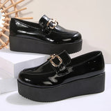 Black Chunky Wedges Loafers Shoes for Women Fashion Metal Chain Slip On Platform Shoes Woman Plus Size Patent Leather Shoes 43