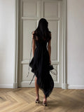 Ahagaga Fashion Women Straps Dresses Solid Square Collar Asymmetricl Bandage Slim Fit Elegant Summer Zipper Female Vestidos Robe