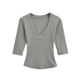 New Pure Desire Casual Style T-Shirt Hot Girl Sexy V-Neck Wool Lyocell Stretch Slim Fit Mid-Sleeve Solid Color Thin T-Shirt WLOC