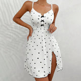 Summer Nightgown Women's Sleepwear Sexy V-Neck Heart Print Slit Front Dress Homewear Comfort Pajama Night Dress Nighties