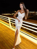 Ahagaga Elegant Lace Women Maxi Dresses Strapless Sheer Sexy Folds Solid Asymmetrical V-Neck Vestidos Robe Sheath Slim Fit Party