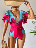 Sexy Ruffle Shoulder Swimsuit V-Neck Swimwear Women Backless Push Up Bathing Suit  Beach Wear 2024 Female Swimming Suit