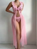 Pink Floral Sexy Lingerie Dress Women Nighties Exotic Babydolls Slip Nightdress Deep-V Lace Mesh See Through Nightgowns