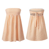 Women Tube Top Mini Dress Off Shoulder Strapless Plaid Bandeau Dress Summer Casual Boho Daily Dresses Streetwear