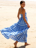 Women's Striped Print Dress Sleeveless Spaghetti Strap Square Neck Tiered Long Dress for Holiday Casual Boho Sundress