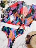 S - XXL Colorful Print High Waist Bikini Female Swimsuit Women Swimwear Three-Pieces Bikini Set Bather Bathing Suit Swim V2805