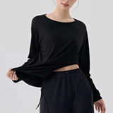 Women's Slimming Long-Sleeved Yoga Suit Sports T-Shirt with Drawstring Waist for Pilates Outdoor Fitness Training