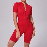 Summer Zipper Workout Jumpsuit Sports Overalls Women Running Fitness Short Sleeve Yoga Bodysuit