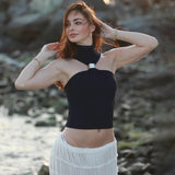 FDYOUI 2026 Summer Halter Neck Off Shoulder Corset High Street Women Sexy Sleeveless Crop Top Hollow Out Slim Tank Tops Clubwear
