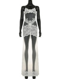FDYOUI Sexy Lace Patchwork Mesh Long Dress Women Spaghetti Strap See-through Evening Party Dresses White Black Night Club Outfit