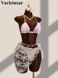 With Sarong Flower Printed Halter Bikini Female Swimsuit Women Swimwear Three-pieces Bikini set Bather Bathing Suit Swim V8321
