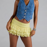 Women Summer Solid Color Mini Skirts Casual Elegant  Low Rise Layered Ruffle Lace Skirt for Beach Vacation Club