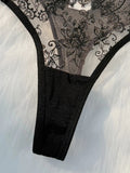 Black Floral Lace Lingerie Set Sheer Mesh Underwire Bra With Bow & Thong Women Sexy Underwear ZA824057