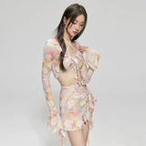 Bikinis Set Swimsuit Women Sweet Floral Prints Summer Girlish Sexy Ruffles Korean Style High Waist Swimwear Fashion Beach Wear