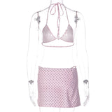 FDYOUI Women's Polka Dot Print Pink Swimsuit Lace-up Bras Panties Split Skirts 3 Pieces Bikinis Sets Bathing Suit Beach Swimwear
