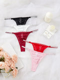New Women Lace Trim Thong Panties Silver Ribbon Panel Low Rise Sexy G-string Breathable Stretch Skin Friendly Intimate Underwear