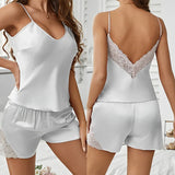 Summer Sexy Pajama Sets Backless Deep V Sleepwear Lace Satin Pajamas Set for Women Comfortable Short Sleeve Cami Shorts