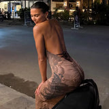 FDYOUI Women Vintage Halter Printed Long Party Club Dresses 2026 Summer Ladies Sexy Backless Lace-up Bodycon Evening Prom Dress