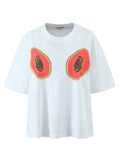 Foridol Papaya Print Fruit T-shirt Women Summer Loose Casual Shirts Blusa Half Sleeve White Spring Summer Shirt 2025 Blouse