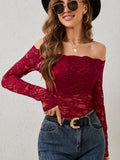 European and American elegant scalloped neckline, off-the-shoulder lace slim fit T-shirt long-sleeved top