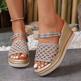 Hollow Out Gold Wedge Heels Sandals Women Plus Size 43 Chunky Platform Slippers Woman Summer Slip On Weave Thick Sole Sandles