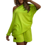 2 Pcs/Set Women Tracksuit One-shoulder Short Pants Solid Color Leisure Summer Top Set