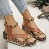 Summer Leopard Print Wedge Sandals Women Plus Size Ankle Strap High Heel Sandal Female New Slip On Pu Leather Sandalias Mujer