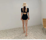 New Korea Sexy Mesh Cut Hollow Out High Waist Swimsuit Lady Monokini One Piece Swimwear Women Swim Bath Suit
