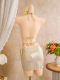 Women embroidery flower glitter metallic bikinis sets 3pcs with split mini skirt swimsuit bathing suit beach outfits biquini