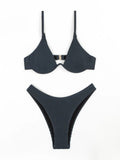 2026 New Women's Underwire Bikini Set,solid Color 2-piece Pit Striped Swimsuit,Fashion Sexy V-neck Bathing Suit with Chest Pad