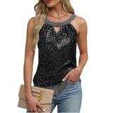 Women's Sequin Glitter Tank Tops Sleeveless Crew Neck Slim Fit Camisole For Holiday Backless Bow Tie Streetwear Party Club Vest