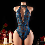 Blue Open Cross Women Body Suit Crotchless Sexy Temptation Adult Erotic Lingerie Pajamas Lace Sex Bodysuit V-neck Hot Underwear