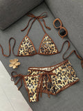 Sexy Sequin Coffee Leopard Print Holiday Bikini Set 2026 Women Summer High Wiast Short 3 Piece Swimsuit Bathing Suit Swimwear