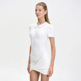 FDYOUI Women's Polo Collar Zip-up Jumpsuit Dress Chic Short Sleeve Folds Solid Bodysuits One Piece Yoga Fitness Sporty Playsuits