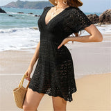 S - XL Short Sleeve V Neck Crochet Knitted Tunic Beach Cover Up Cover-ups Beach Dress Beach Wear Beachwear Female Women V5314