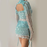Glitter Sequins Knitted Skirt Sets Women Fashion Hollow Sequins Bandage Tube Top Mini Skirts 3 Piece Outfit Vacation Clothing