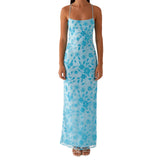 Women Summer Glitter Sequin Beaded Flower Cami Dress Slim High Split Spaghetti Strap Open Back Long Dresses for Party Club