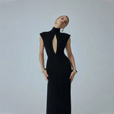 Ahagaga Fashion Sexy Women's Maxi Dresses Turtleneck Short Sleeves Hollow Out Lace Patchwork Sheath Split Party Solid Vestidos