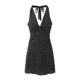 V Neck French Style Summer Women Dress Printed Boho Short Black Beach Dress Party Vintage Backless Tie Up Sexy Halter Dress 2025