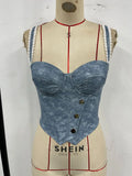 Sexy Blue Denim Camisole Women Lace Trim Underwire Slim Fit Fishbone Tank Top Summer Patchwork Club Party Corset Streetwear