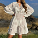 2025 Long Sleeve Hollow Out Crochet Knitted Tunic Beach Cover Up Cover-ups Beach Dress Beach Wear Beachwear Female Women K6674
